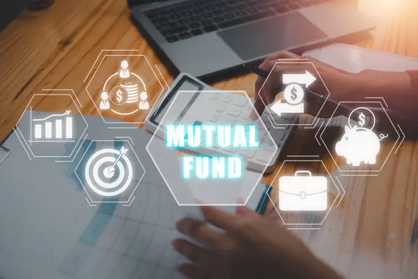 Mutual fund concept, Business woman using calculator on desk with mutual fund icon on virtual screen. Securities, Cash Flow, Money, Investment, Stock Exchange, Trade.