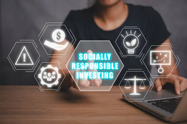 Socially responsible investing concept. Business woman hand touching socially responsible investing icon on virtual screen. Project, Gender Diversity, investment, Social Justice.