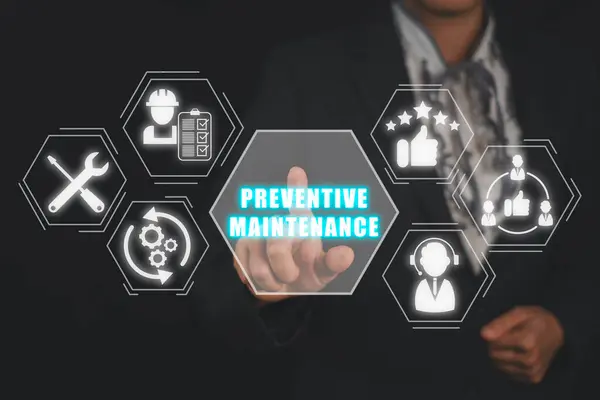 Preventive Maintenance concept, Business people hand touching preventive maintenance icon on virtual screen. Malfunction, Inspection, Conditions, Customer Service, Repair, Certification, Replacement.