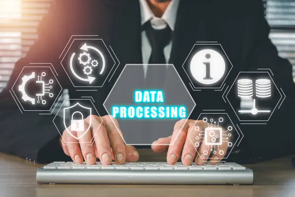 Data processing concept, Businessman typing on keyboard with data processing icon on virtual screen.