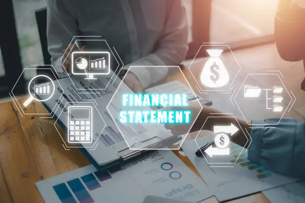 Financial statement concept, Business team analyzing income charts and graphs on office desk with financial statement icon on virtual screen.