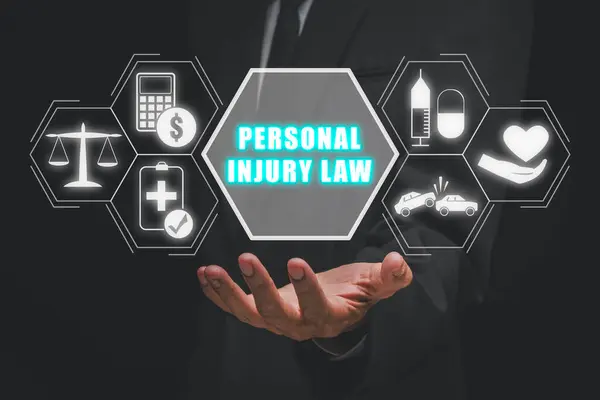 Personal injury law concept, Businessman hand holding personal injury law icon on virtual screen.
