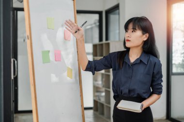 Parlak bir ofis ortamında beyaz tahtaya yapışkan notlarla beyin fırtınası yapan profesyonel bir iş kadını..