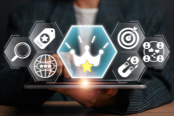 Digital marketing concept with icons illustrating content is king, SEO, targeting, and online presence on a futuristic interface.