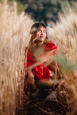 Kırmızı elbiseli bir kadın altın buğday tarlasının ortasında güneşleniyor, huzuru ve doğal güzelliği somutlaştırıyor..