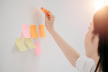 Bir kadın beyaz bir duvara canlı yapışkan notlar yerleştiriyor, organize ve yaratıcı bir çalışma ortamı yaratıyor..