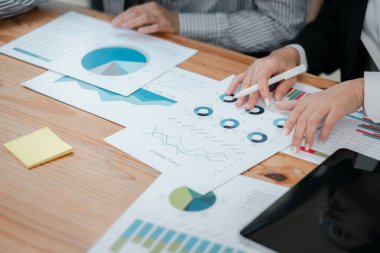 Profesyoneller çizelge ve grafikleri gözden geçirir, işbirlikçi bir çalışma alanında mali analiz ve stratejik planlamaya odaklanırlar..