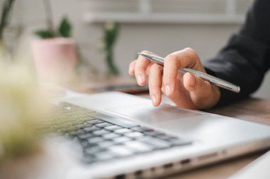 Modern ofis ortamında, bitkiler ve doğal ışık ile çevrili dizüstü bilgisayarda kalem kullanılıyor..