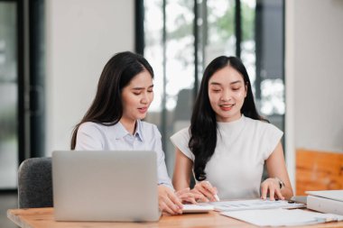 İki kadın bir masada birlikte çalışıyorlar, bir dizüstü bilgisayar ve belgelerle, modern ofis ortamında takım çalışması ve işbirliği sergiliyorlar..