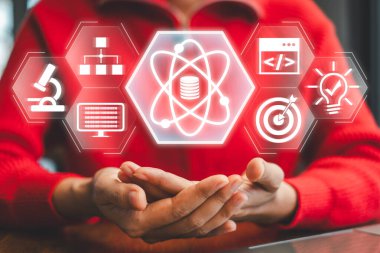 Fütürist simgelerle veri biliminin görsel temsili, dijital bir arayüzde teknoloji ve yeniliğin altını çizmek.