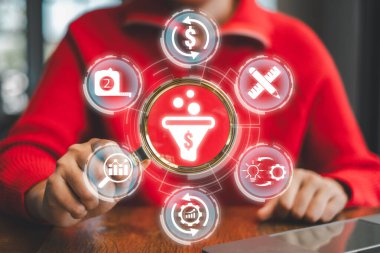 Dijital simgeler ve analizlerle dönüşüm oranının optimizasyonunun görsel temsili, iş ve pazarlama temaları için ideal.