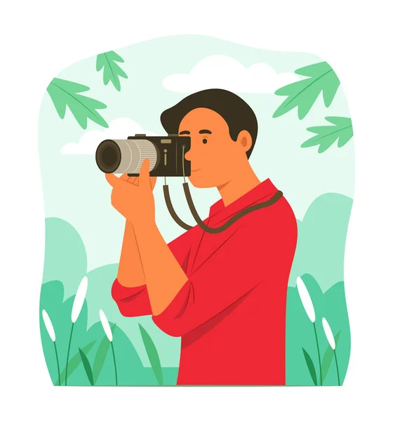 Mladý Fotograf Muž Fotografující Přírodu — Stockový vektor
