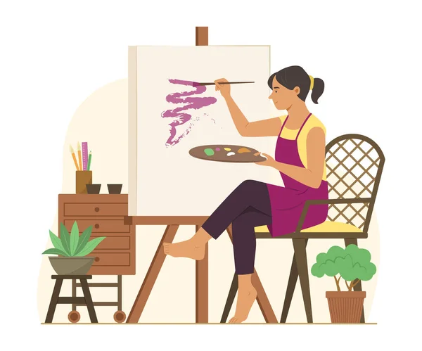 Woman Enjoy Painting Color Canvas Studio — Stock Vector