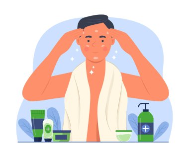 Yüz bakımı için yüz kremi süren adam tasviri