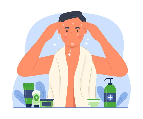 Yüz bakımı için yüz kremi süren adam tasviri