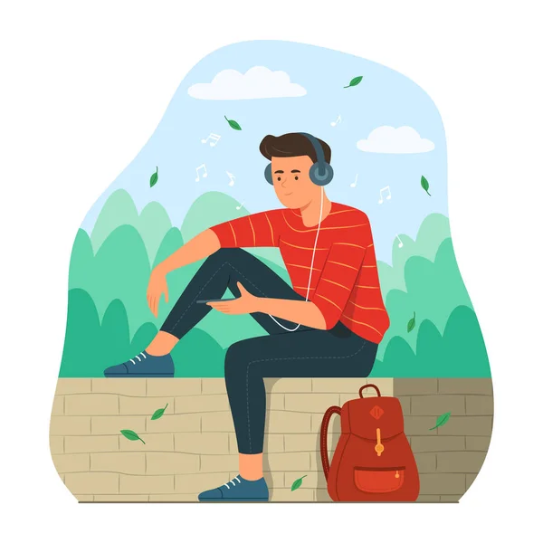 Backpacker Man Lyssnar Musik Från Smartphone Medan Sitter Public Park — Stock vektor