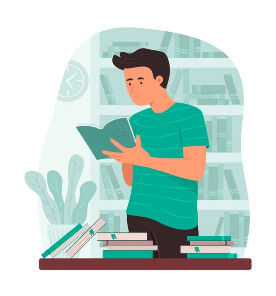 Man Reading Book Library — Stock Vector