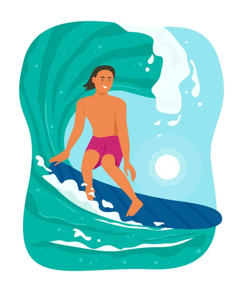 Sport Man Enjoy Outdoor Activity Surfboard Summer Season — Stock Vector