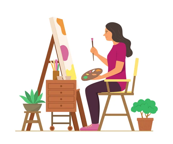 Artist Woman Enjoying Painting Colors Canvas — Stock Vector
