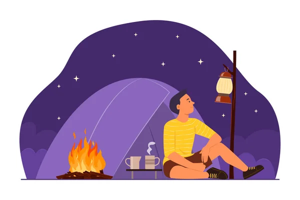 Man Camping Alleen Nachts Zitten Voorkant Van Camping Tent — Stockvector