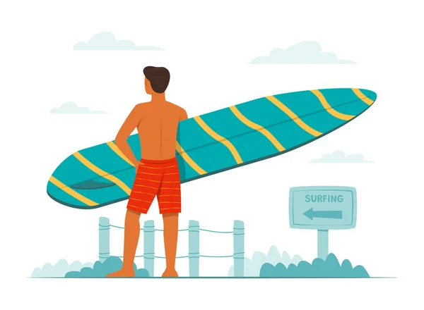 男はサーフボードを保持し ビーチに立って — ストックベクタ