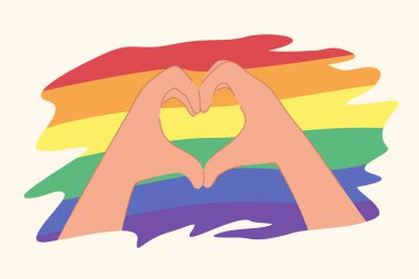 LGBT Gay Gurur İllüstrasyonu için Gökkuşağı Çizgili Arkaplanlı Kalp Şekli Eller Hareketi