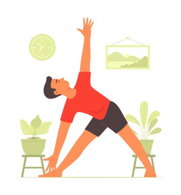 Genç adam evde yoga yapıyor.