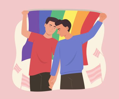 Gay Erkekler Çifti LGBT Eşcinsel Gurur Kutlama Resimleri için Gökkuşağı Bayrağını Tutuyor