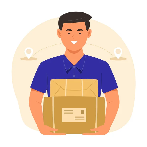 stock vector Delivery Man Holding the Parcel Boxes with Location Icons on Background for Shipping Concept Illustration