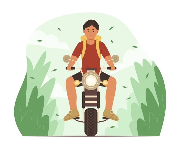 stock vector Man with Backpack Riding a Motorcycle for Travel in Nature