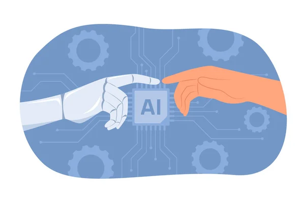 Yapay Zeka Teknolojisi İllüstrasyonu için İnsan Eli Robot Eline Dokunma