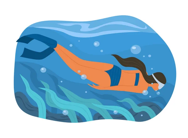 Woman Diving Underwater Snorkeling Concept Illustration — Stock Vector