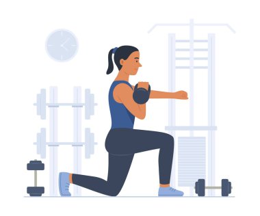 Spor Salonu İllüstrasyonunda Ağırlık Eğitimi için Kettlebell ile Kadın Egzersizi