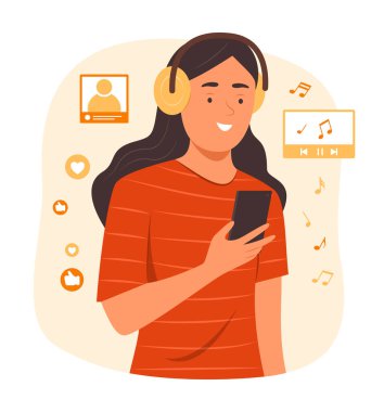 Smartphone Concept Illustration 'dan Kadın Müzik Dinliyor ve Çevrimiçi İçeriği İzliyor