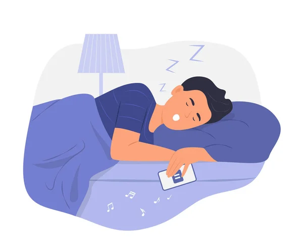 Homem Dormindo Cama Com Telefone Celular Mão Ronco Noite Conceito —  Vetores de Stock