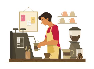 Kahve dükkanındaki bar tezgahında kahve yapan barmen.