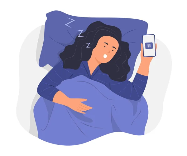 Γυναίκα Κοιμάται Στο Κρεβάτι Κινητό Τηλέφωνο Έννοια Εικονογράφηση Χέρι — Διανυσματικό Αρχείο