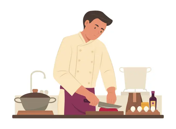 Hombre Chef Cortando Carne Para Cocinar Alimentos — Archivo Imágenes Vectoriales