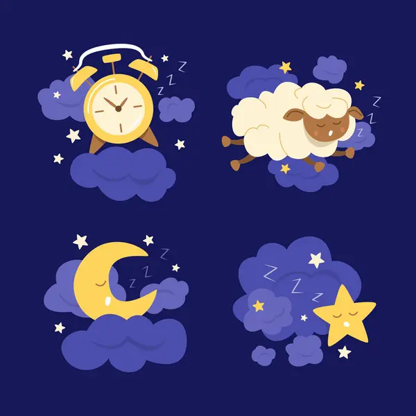 可爱的卡通角色睡在夜间概念平面设计元素说明集 — 图库矢量图片