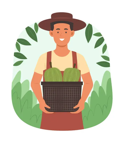 Homem Asiático Agricultor Colheita Durianos Orgânicos Frescos Jardim Frutas Tropicais — Vetor de Stock