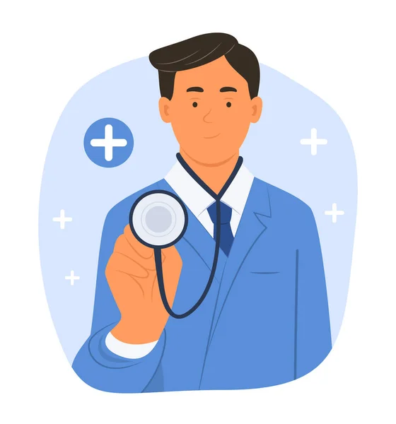 Sağlık kontrolü için tıbbi önlüklü erkek doktor stetoskobu.
