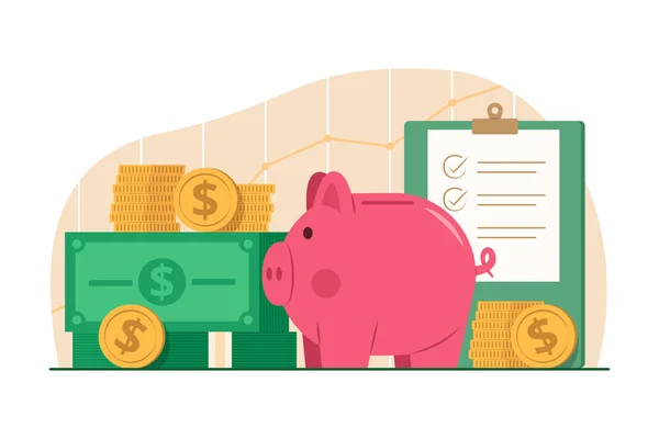 Piggy Bank ve Para Yığını Para Tasarruf Etmek İçin Para ve Dolar Paraları Çizimi
