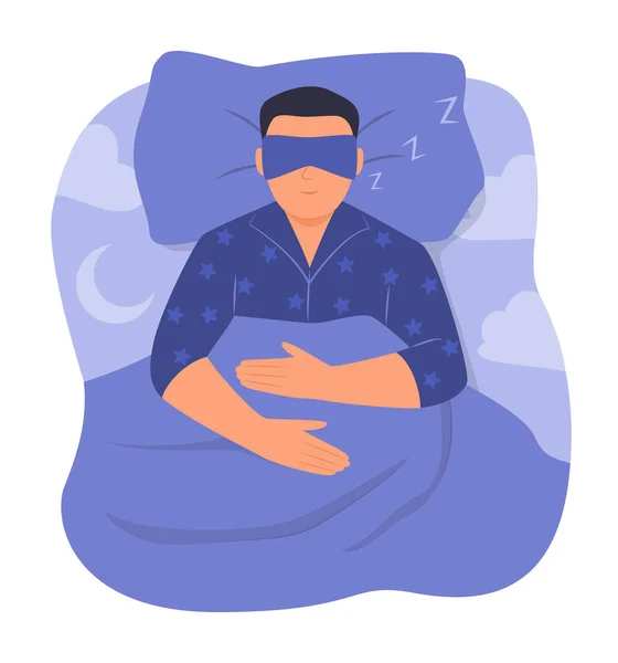 Man Pyjama Draagt Slaapmasker Slaapt Nachts Bed Illustratie Van Het — Stockvector