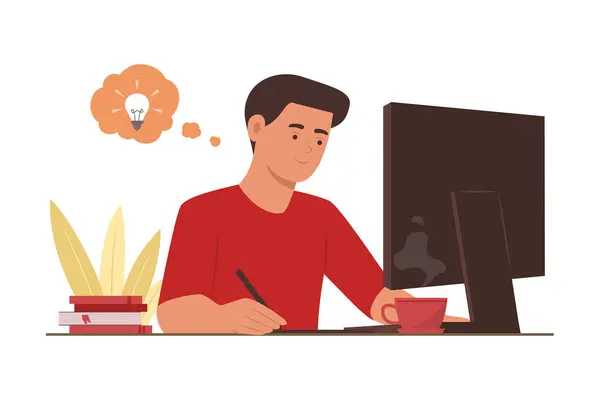 Homem Freelance Online Trabalhando Casa Com Ilustração Conceito Laptop — Vetor de Stock