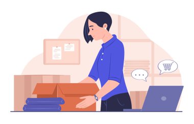 Çevrimiçi İşletme Sahibi Ürün Siparişi Çevrimiçi Alışveriş ve E-Ticaret İllüstrasyonu İçin Paket Kutusuna