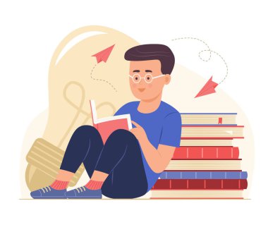 Sevimli Öğrenci Kitap Yığını Yanında Oturur ve Eğitim Hakkında Bir Kitap Okurken İllüzyon