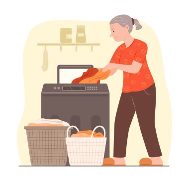 Çamaşır Makinesiyle Çamaşır yıkayan Kıdemli Kadın