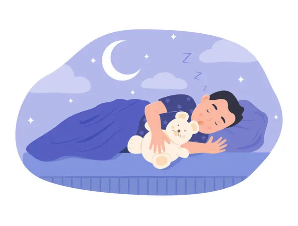 Schattig Kind Knuffelen Teddybeer Slapen Bed Nachts — Stockvector