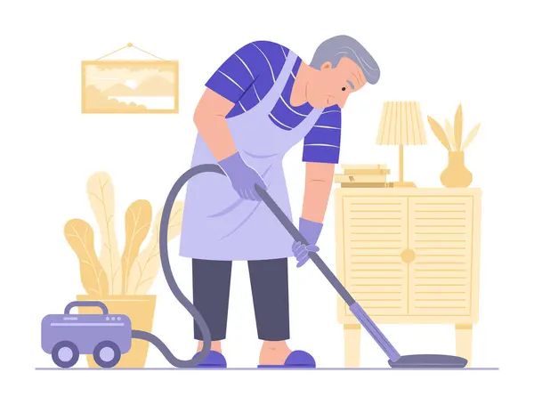 Senior Man Cleaning House Met Elektrische Stofzuiger — Stockvector