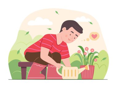 Bahçeyle İlgi İllüstrasyonu İçin Çiçek Saksısına Çiçek Eken Tatlı Çocuk